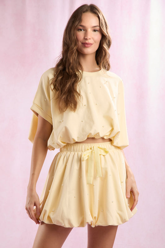Cotton Terry Pearl Detail Cropped Bubble Hem Set - YELLOW