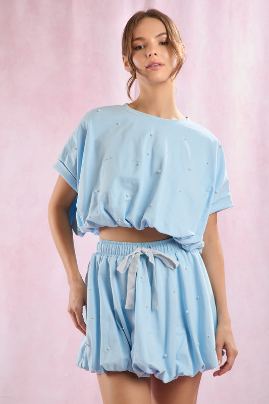 Cotton Terry Pearl Detail Cropped Bubble Hem Set - BLUE