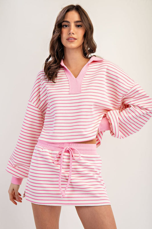 Striped Long Sleeve Cropped Pullover - PINK