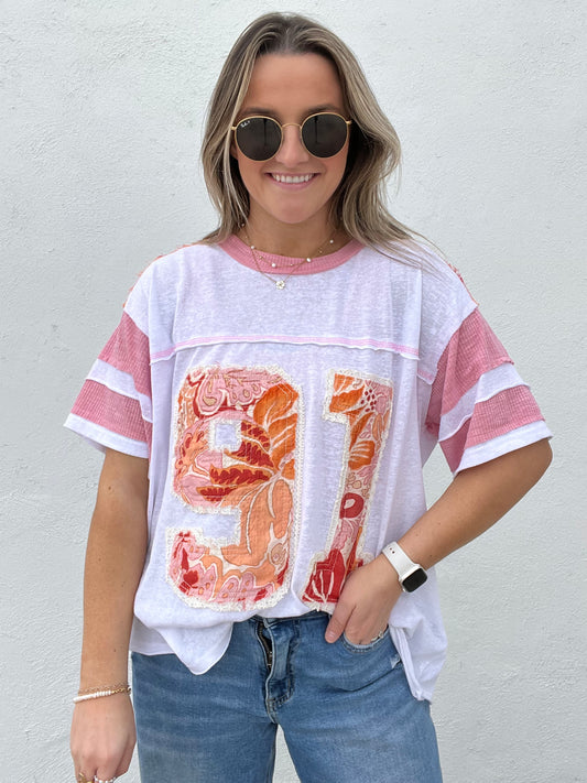 Short Sleeve 91 Varsity Top - (Ivory/Pink)