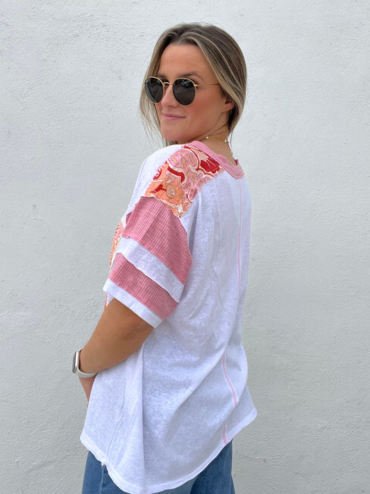 Short Sleeve 91 Varsity Top - (Ivory/Pink)