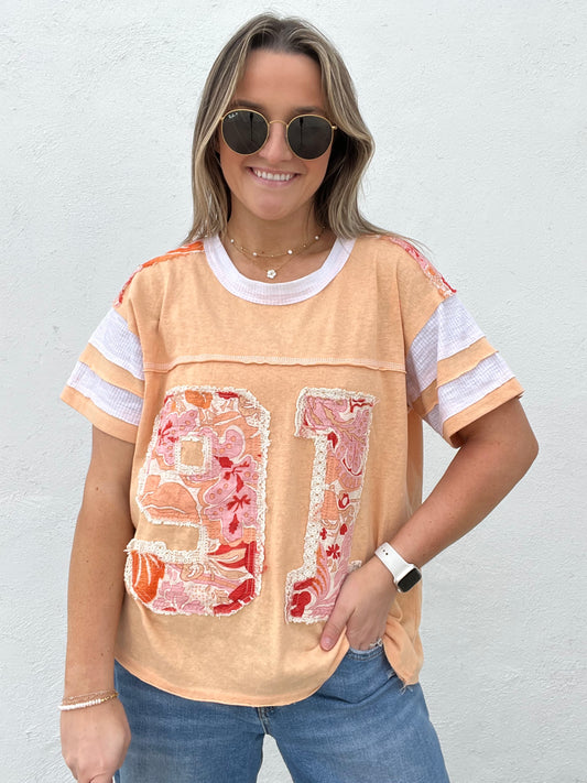 Short Sleeve 91 Varsity Top - Papaya/White