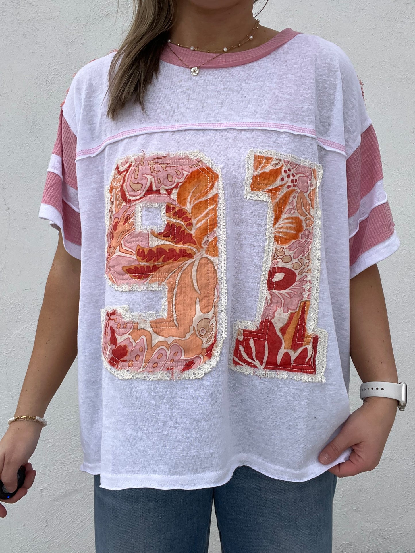 Short Sleeve 91 Varsity Top - (Ivory/Pink)