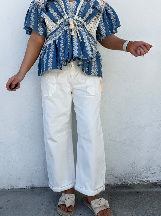 The Asher White Denim Risen Barrel Jeans