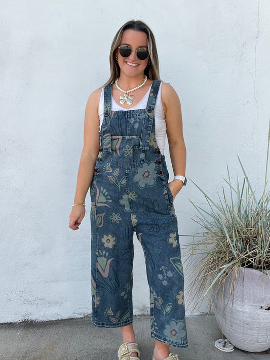 Solstice Floral Print Denim Jumpsuit Pants