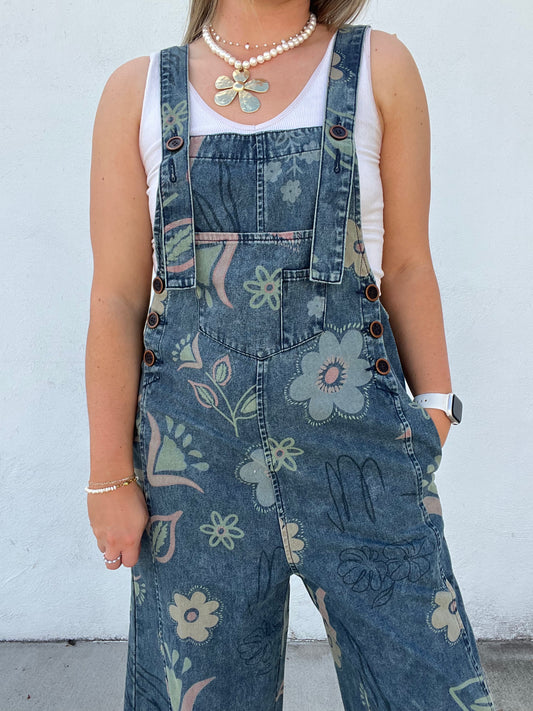 Solstice Floral Print Denim Jumpsuit Pants