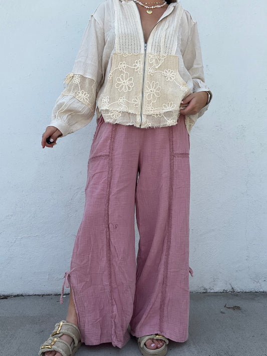 Gauze Bow Mineral Washed Pants - MAUVE