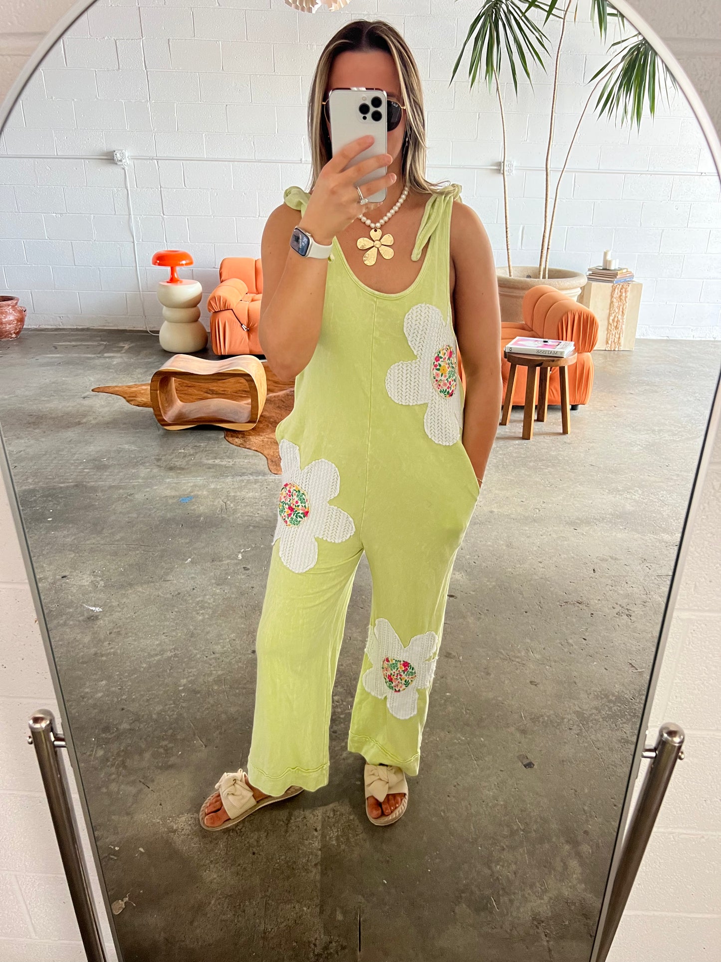 Mineral Washed Flower Jumpsuit - LIME
