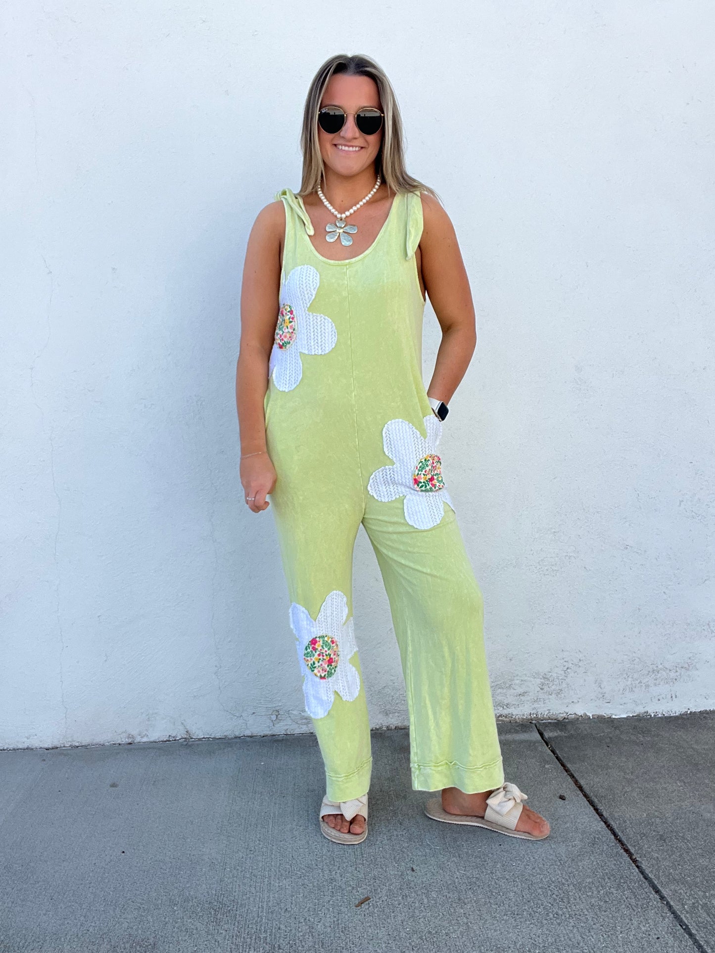 Mineral Washed Flower Jumpsuit - LIME
