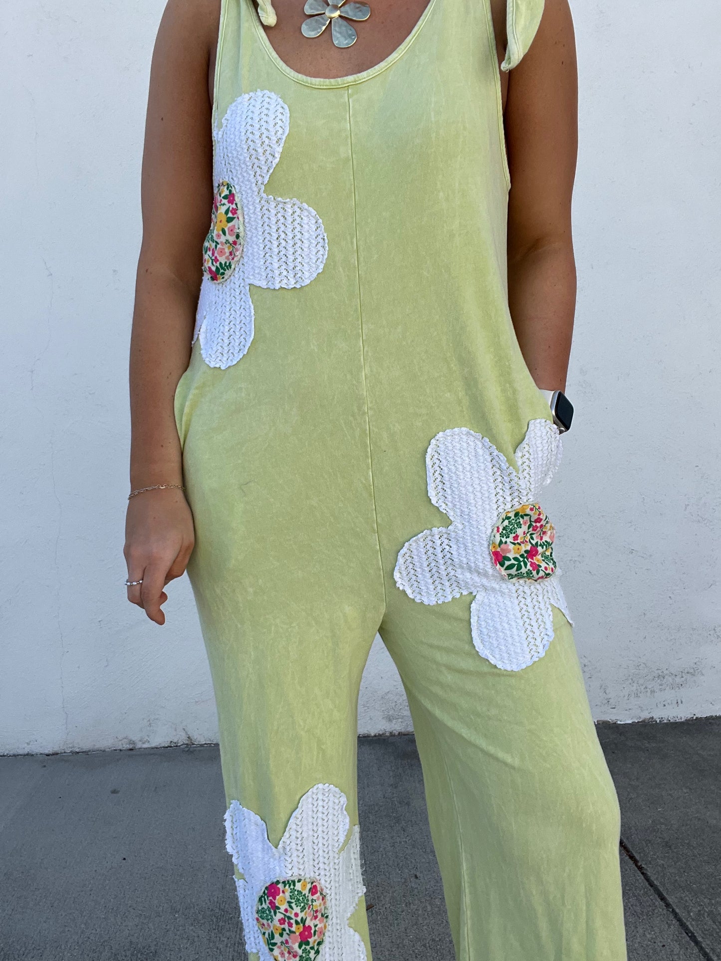 Mineral Washed Flower Jumpsuit - LIME