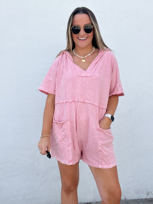 Emily Hooded Romper - BABY PINK