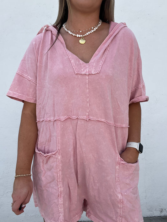 Emily Hooded Romper - BABY PINK