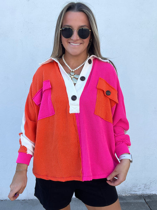 Lets Go Party Henley - PINK/ORANGE