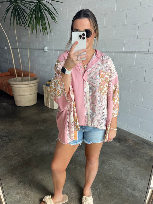 Crochet Patch Perfection Top - PINK