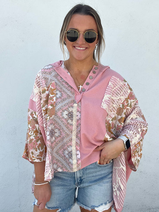 Crochet Patch Perfection Top - PINK