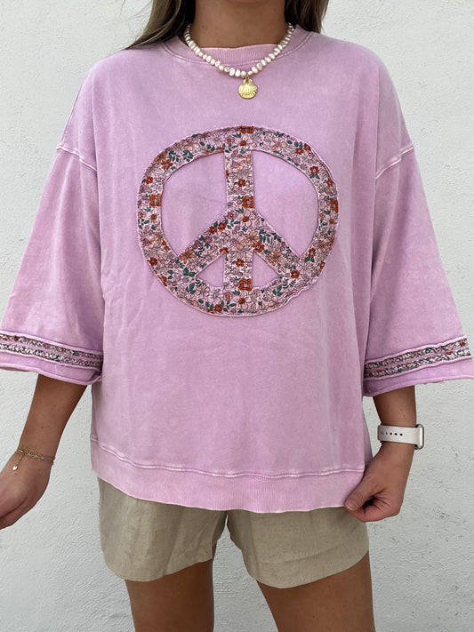 Mineral Washed Terry Floral Peace Sign Pullover