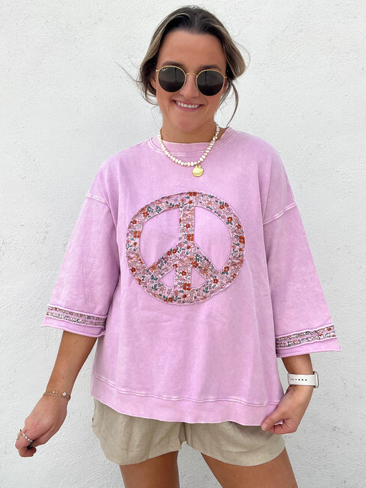 Mineral Washed Terry Floral Peace Sign Pullover