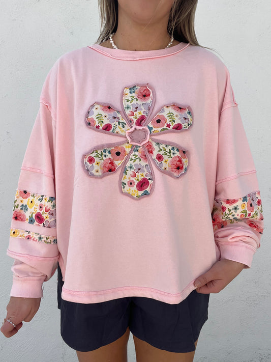 Patchwork Petals Pullover - PINK