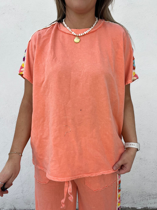 Granny Square Short Sleeve Top - CORAL