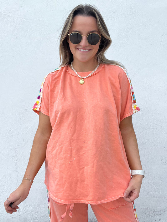 Granny Square Short Sleeve Top - CORAL