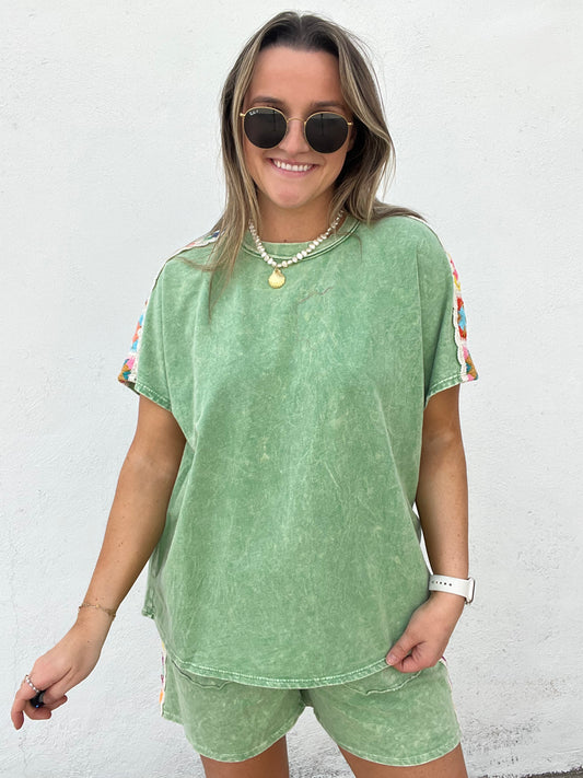 Granny Square Short Sleeve Top - MINT GREEN