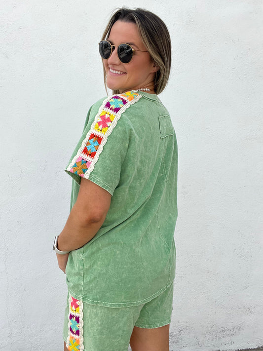 Granny Square Short Sleeve Top - MINT GREEN