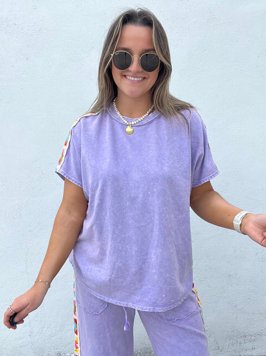Granny Square Short Sleeve Top - PURPLE