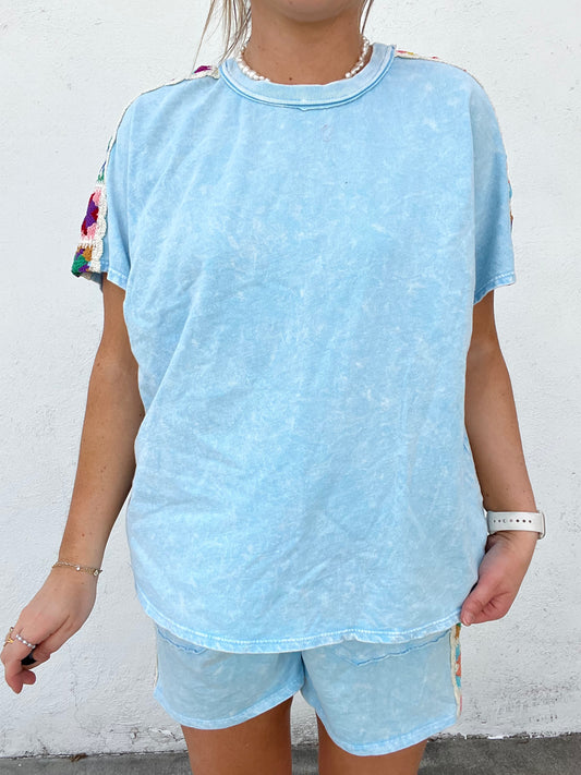 Granny Square Short Sleeve Top - BABY BLUE