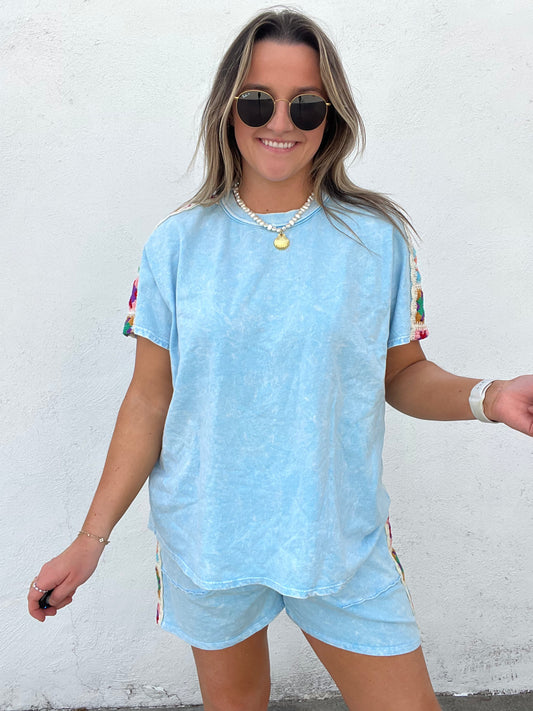 Granny Square Short Sleeve Top - BABY BLUE