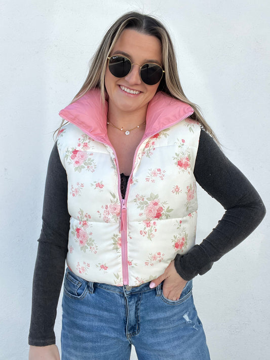 Floral Quilted Vest - PINK