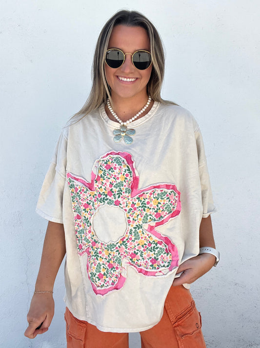 Mineral Washed Floral Flower Patched Tshirt