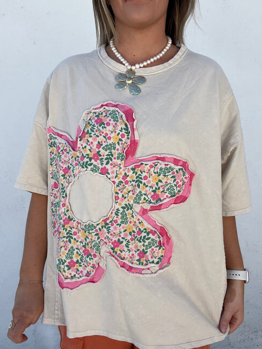 Mineral Washed Floral Flower Patched Tshirt
