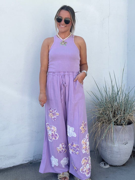 Violet Wide Leg Embroidery Jumpsuit
