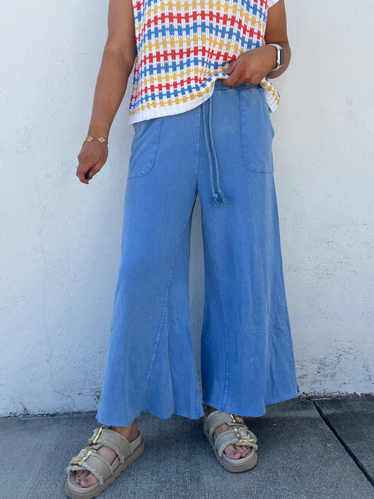 Washed Terry Knit Palazzo Pants - BLUE