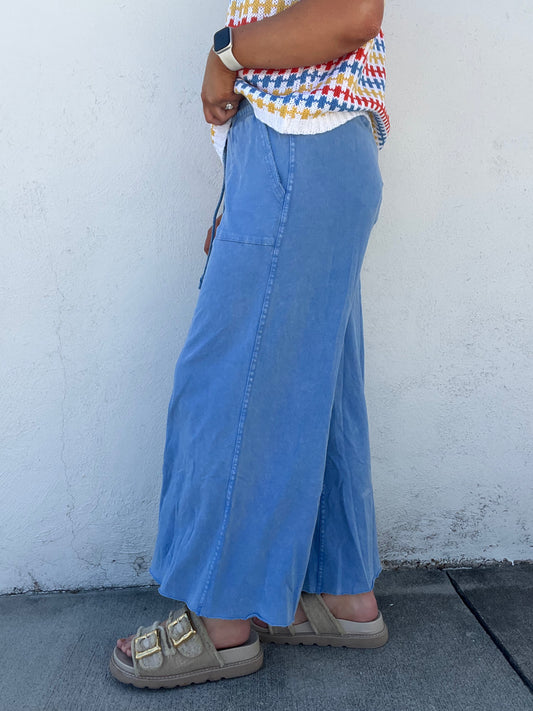 Washed Terry Knit Palazzo Pants - BLUE