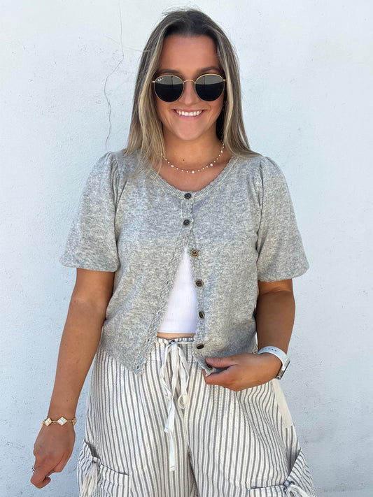 Puff Short Sleeve Button Down Knit Cardigan