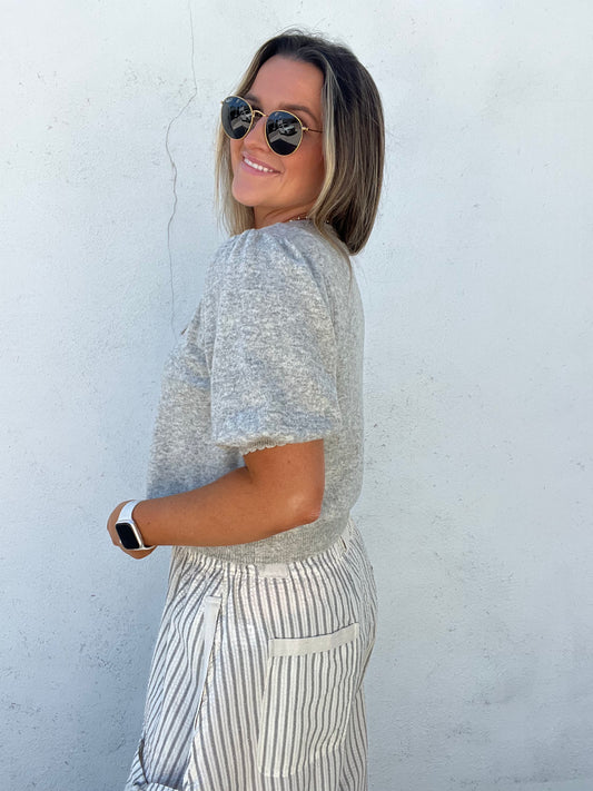 Puff Short Sleeve Button Down Knit Cardigan