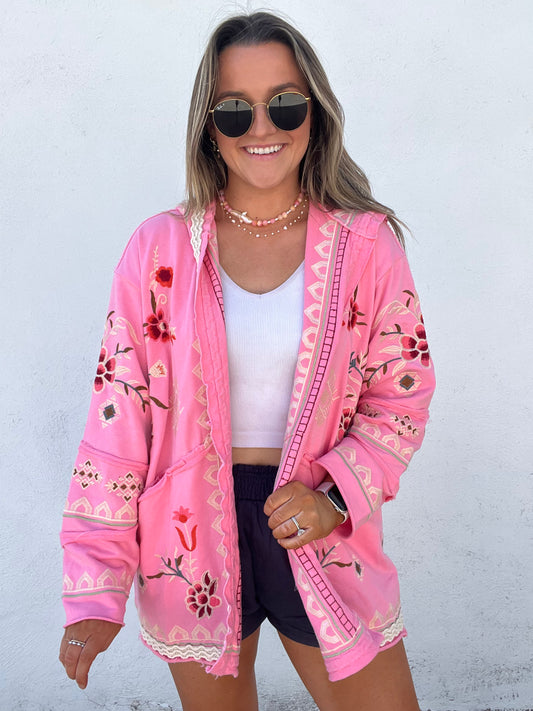 Love Struck Embroidery Hoodie Open Cardigan