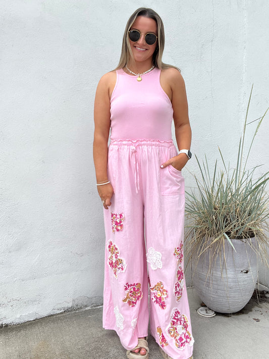 Wide Leg Embroidery Jumpsuit - PINK